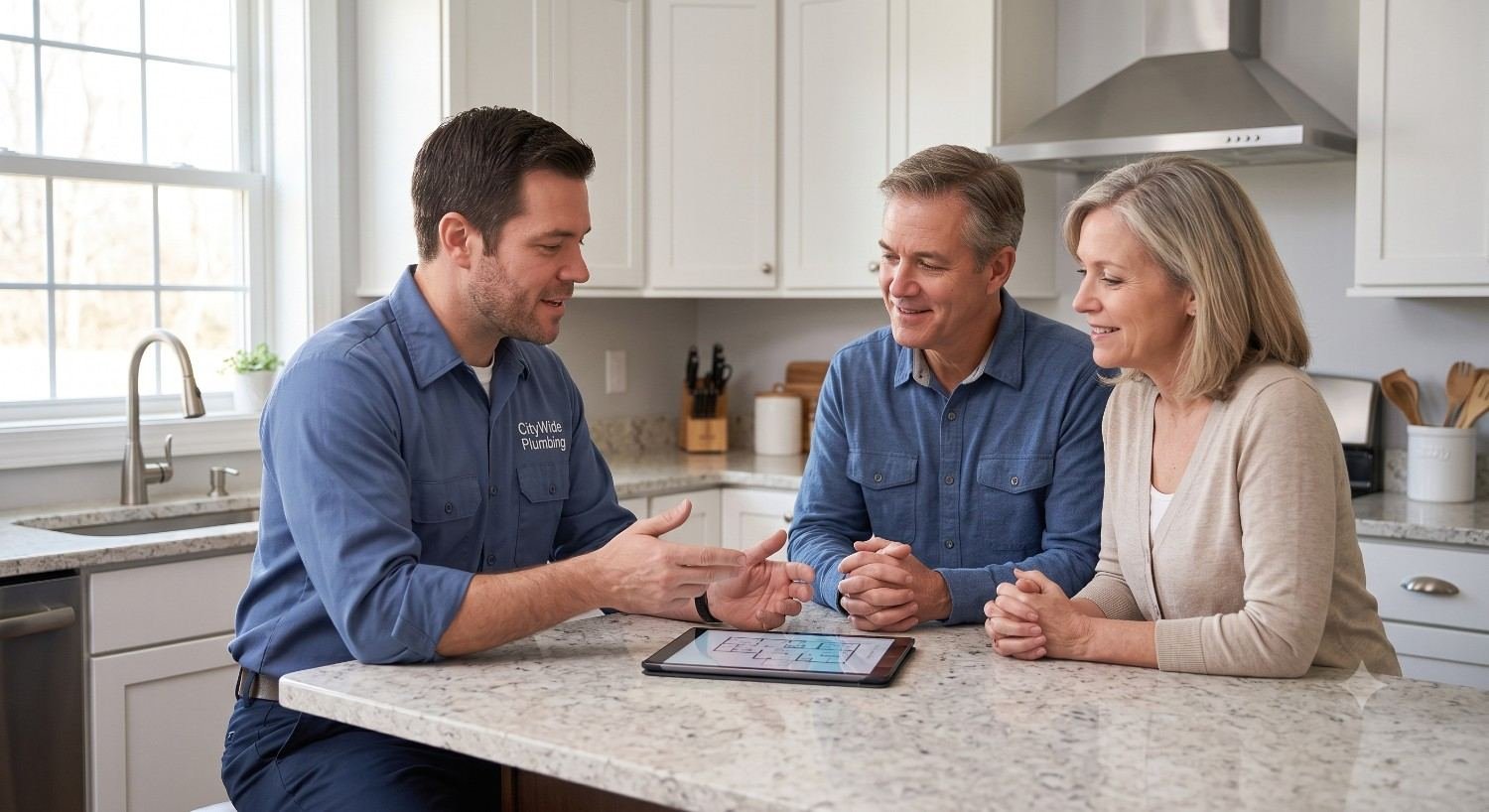 Plumber discussing a job with a customer