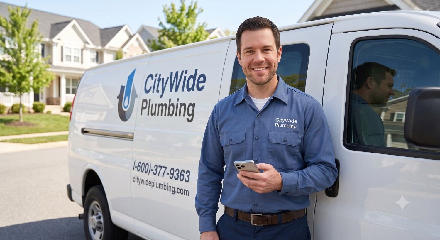 Plumber standing beside a service van