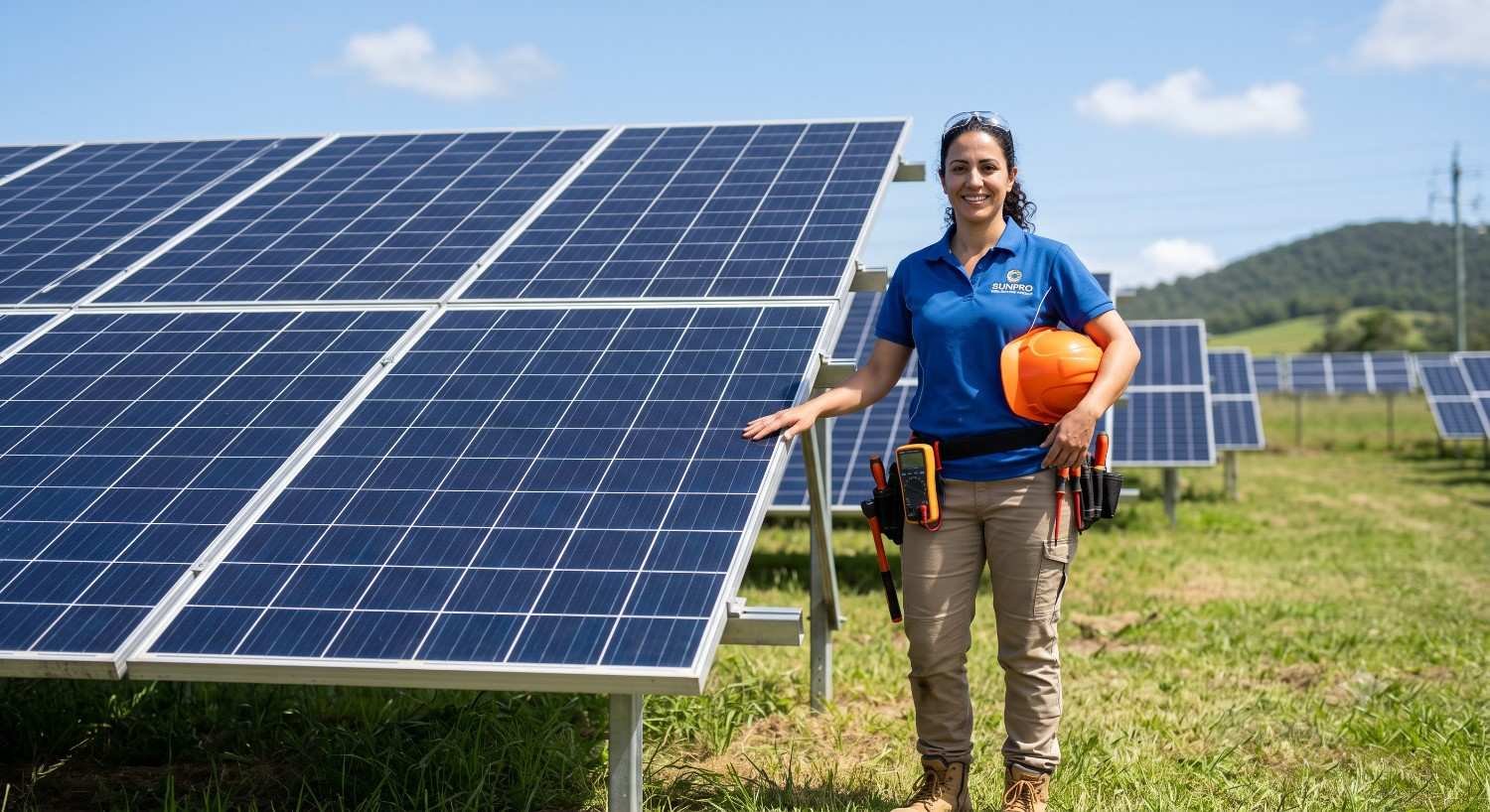 Solar professional standing with solar system