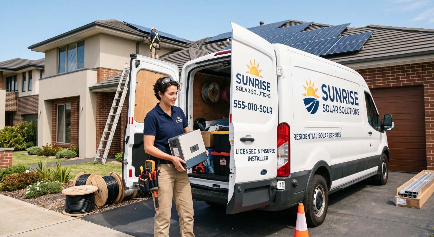 Solar technician with company van