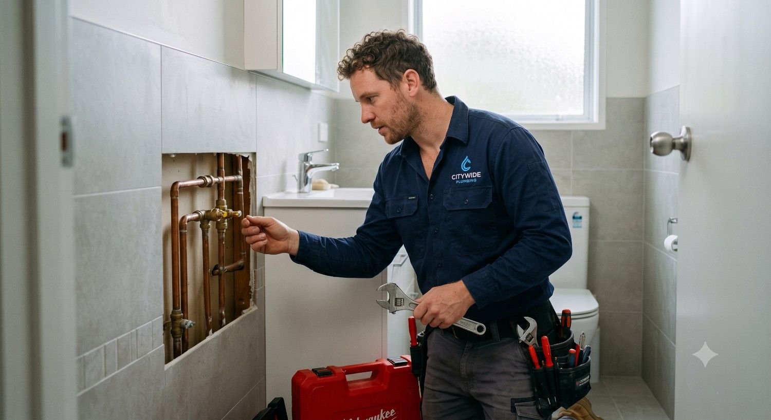 Professional plumber working in a home