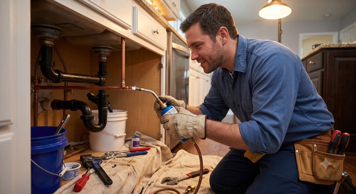 Plumber working in a kitchen